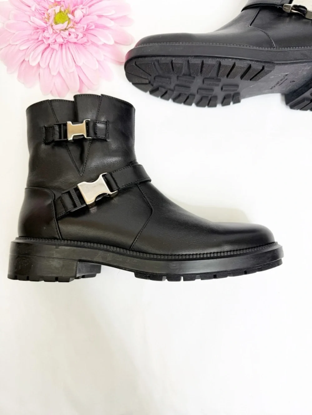 Aquatalia Lillie Moto Leather Ankle Boots Buckle Black Silver